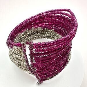 Vintage Multi Strand Seed Bead Cuff Bracelet Magenta Purple Silver Tone Block